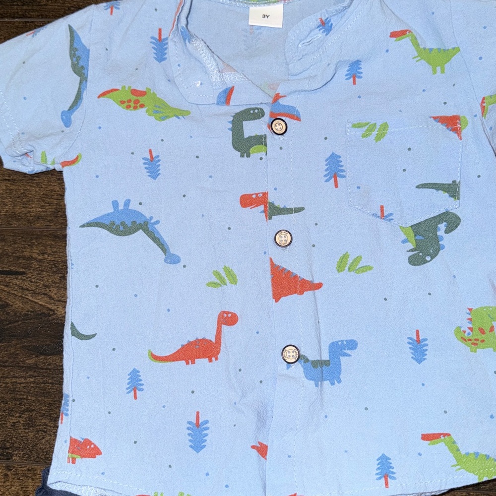 Blue Dino Button Down, Construction Tee, Chino & Coral Casual Shorts - Picture 2 of 10